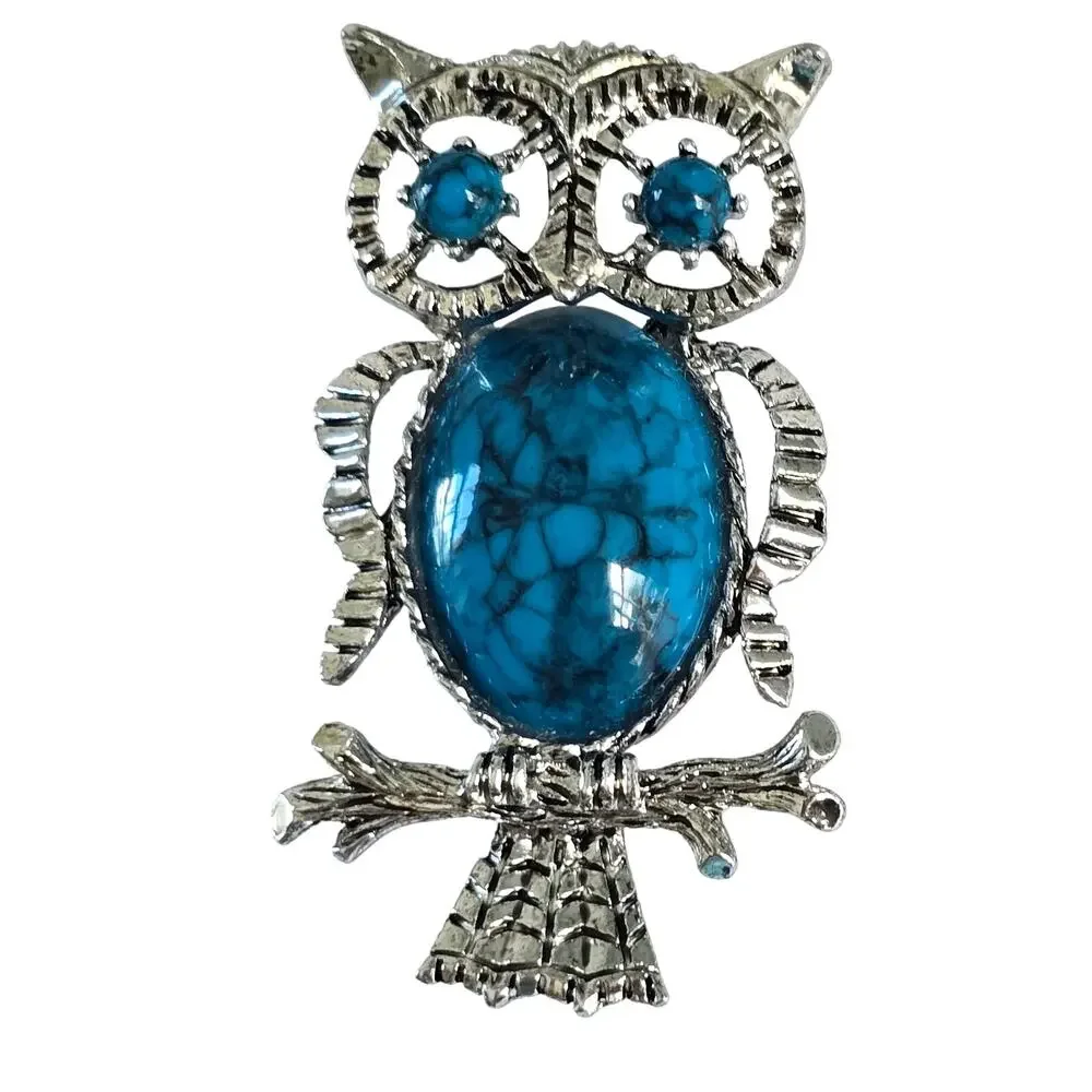 Vintage Gerry's Owl Brooch Women's Silver Faux Turquoise Cabochon Autumn Birding